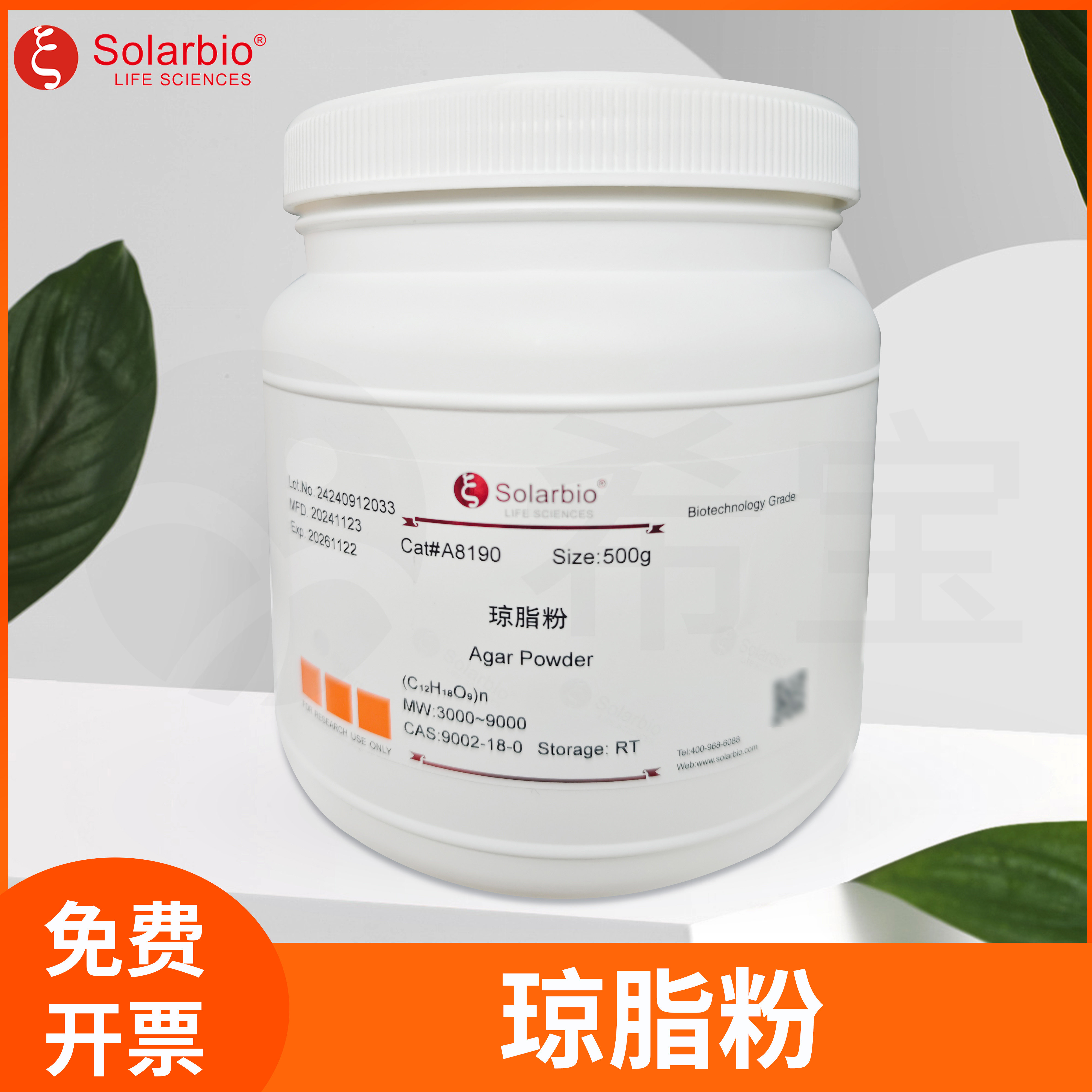 Solarbio索莱宝琼脂粉Agar Powder 100g 500g实验室科研试剂A8190