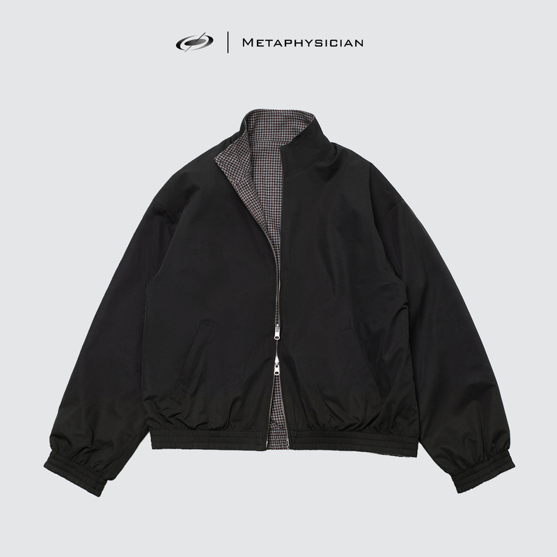 Meta Australian Waterproof Wool Blend Reversible Houndstooth Stand Collar Bomber Harrington Jacket Men's Coat
