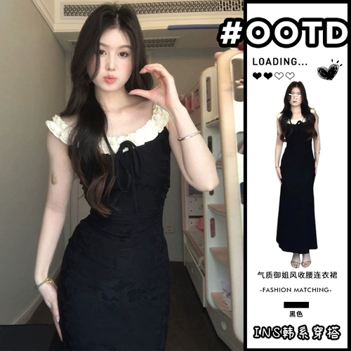 Черное летнее платье, приталенная длинная юбка, французский стиль, изысканный стиль