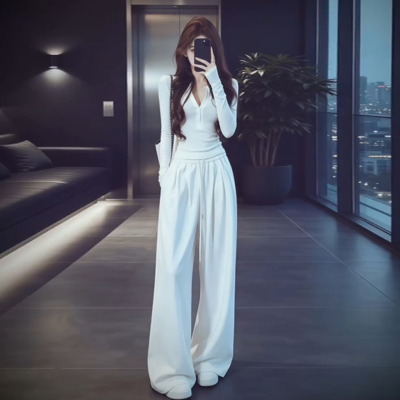 Very Stylish Korean Early Autumn Outfit Set 2026 New White Long-Sleeved Top Women's Wide-Leg Pants Two-Piece Set Very Stylish Korean Early Autumn Outfit Set 2026 New White Long-Sleeved Top Women's Wide-Leg Pants Two-Piece Set