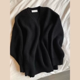 Черный демисезонный ретро свитер, японская трикотажная приятная телу рубашка, V-образный вырез, оверсайз
