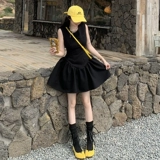 Черное летнее платье-комбинация, юбка, приталенный корсет, мини-юбка, французский стиль, подходит для подростков, А-силуэт