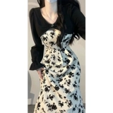 Осеннее платье, длинная юбка, комплект, изысканный стиль, французский стиль, цветочный принт, подходит для подростков