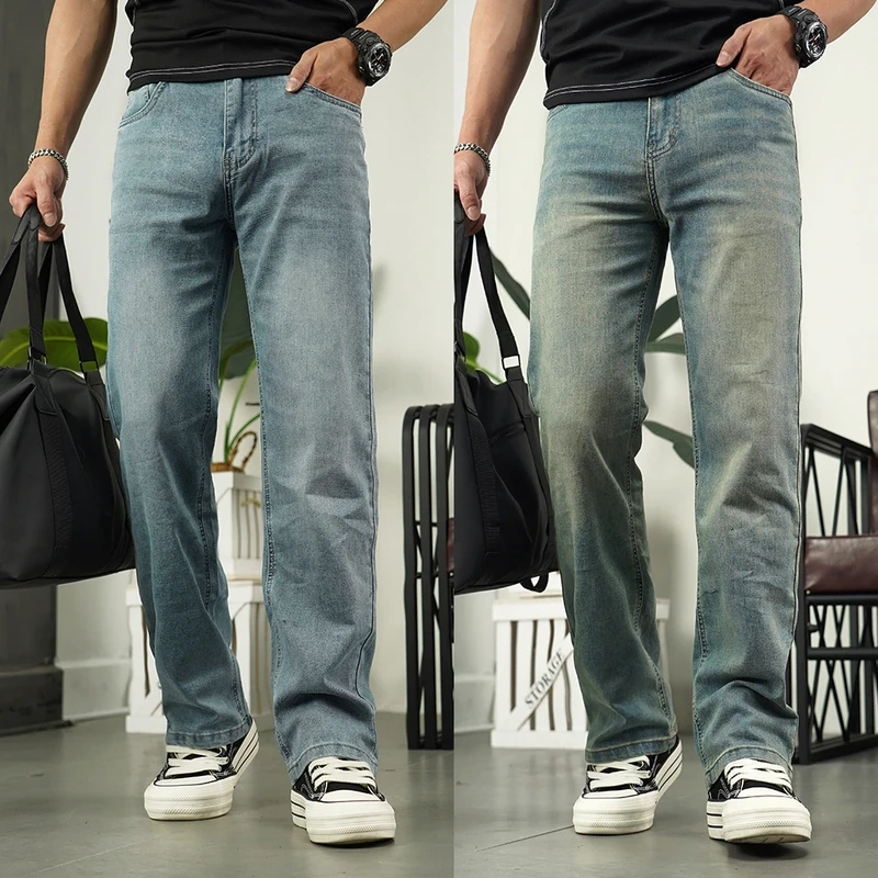Mo Xian Sen Summer Jeans for Men, Straight-Leg, Loose, Vintage, Distressed, Trendy Brand, Whiskered, American-Style Straight-Leg Casual Long Pants Mo Xian Sen Summer Jeans for Men, Straight-Leg, Loose, Vintage, Distressed, Trendy Brand, Whiskered, American-Style Straight-Leg Casual Long Pants