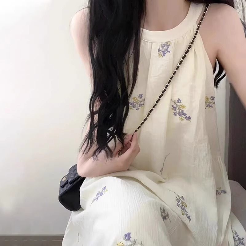 Pure Cotton New Style Elegant Dress Summer High-End Gentle Style Japanese Halter Neck Floral Girl Sleeveless Long Dress
