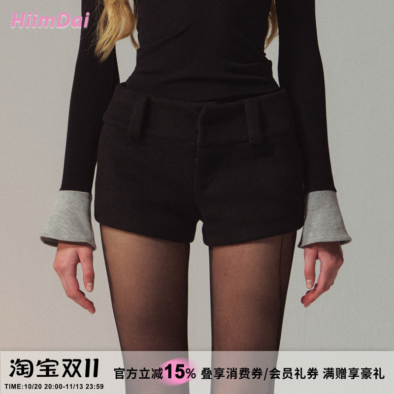 Hiimdai Pentagonal Proportion Pants, Wool Blend, Simple Black, Slimming, Versatile, Low-Waisted, Hip-Hugging Woolen Shorts Hiimdai Pentagonal Proportion Pants, Wool Blend, Simple Black, Slimming, Versatile, Low-Waisted, Hip-Hugging Woolen Shorts