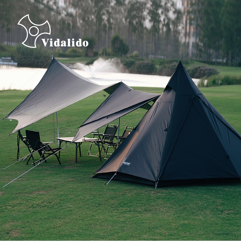 Vidalido ブラック アウトドア キャンプ インディアン ピラミッド テント 日焼け止め 二重層 防雨 黒 尖塔 テント