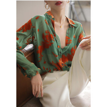 Contrast color velvet jacquard chiffon shirt women's long-sleeved 2022 new spring and autumn temperament high-end design bottoming top