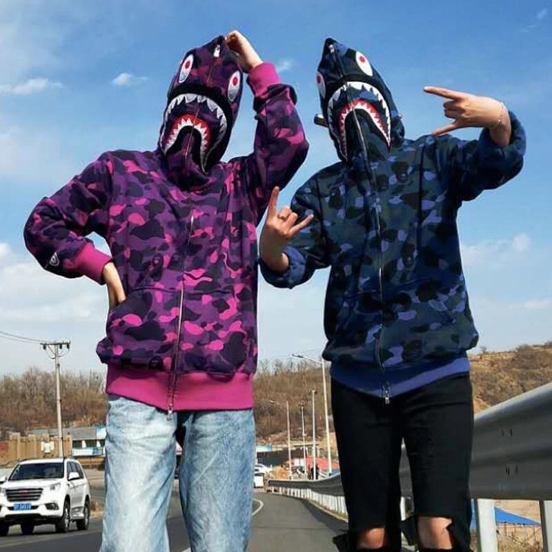Shark Camouflage Hooded Sweatshirt High Street Style Unisex Couple Cardigan Embroidered Zipper Autumn and Winter Long-Sleeve Jacket