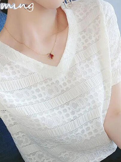 Kurzarm-T-Shirt für Damen 2026 Frühling und Sommer neues schlankes und vielseitiges lockeres Chiffon-Hemd mit Spitzentemperament und Hemdoberteil mit V-Ausschnitt