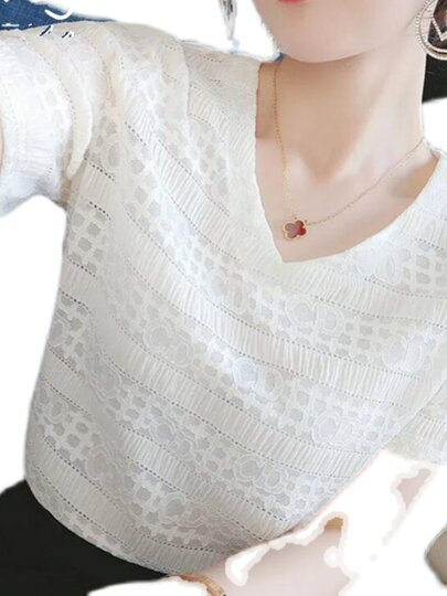 Kurzarm-T-Shirt für Damen 2026 Frühling und Sommer neues schlankes und vielseitiges lockeres Chiffon-Hemd mit Spitzentemperament und Hemdoberteil mit V-Ausschnitt