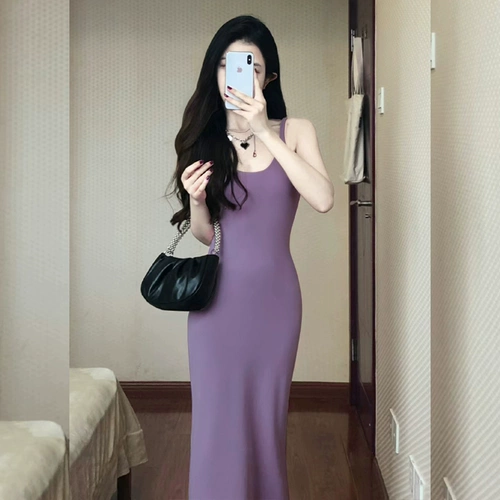 Сиреневое летнее платье-комбинация, трикотажное платье, приталенная летняя длинная юбка