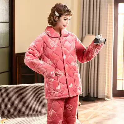Women's pajamas set winter women's coral velvet triple layer thick warm cotton cotton Lady flannel home suit suit