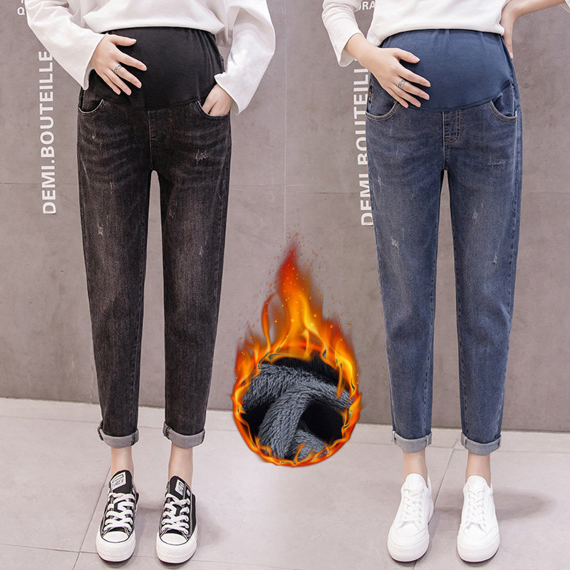 Pregnant women's trousers leggings autumn and winter outer wear trousers trendy mom plus velvet jeans autumn and winter wide-leg pants daddy pants women