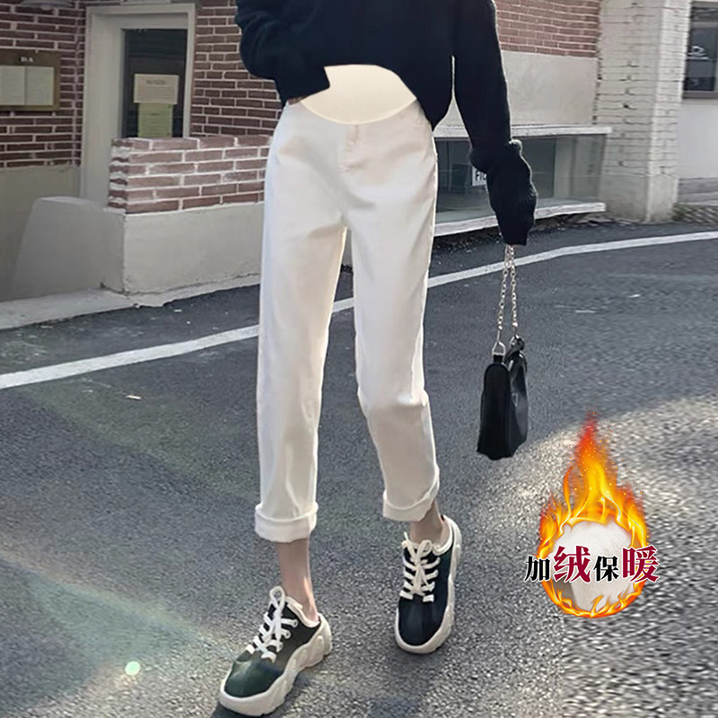 Pregnant women pants in spring and autumn wear jeans plus fluff pants high waist belly belly autumn and winter casual straight pants mom