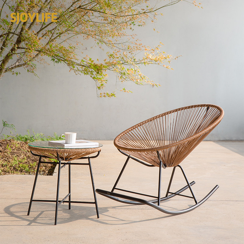 Balcony small coffee table rattan chair three-piece combination leisure tea table courtyard rattan weaving lazy rocking chair waterproof outdoor table and chairs
