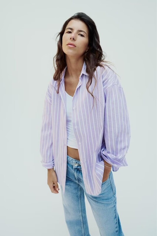 Za Spring and Summer New Style Purple Loose V Neck Stripesd Oxford Shirt Top for Women 8741083 018 Za Spring and Summer New Style Purple Loose V Neck Stripesd Oxford Shirt Top for Women 8741083 018