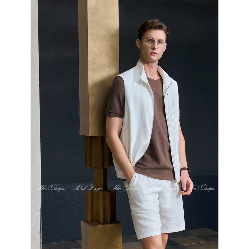Mbnl-F "190G Washed Cotton and Linen" Qin Lei Men's Biolinda Embroidered Back Panel Embellished Vest Ll-Smj6001
