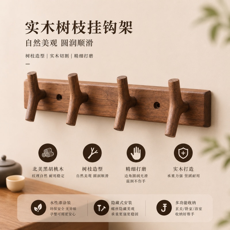 Craftsman-Made North American Black Walnut Solid Wood Hook Rack, Branch-Shaped Multifunctional Storage, High-End Decorative Hook Craftsman-Made North American Black Walnut Solid Wood Hook Rack, Branch-Shaped Multifunctional Storage, High-End Decorative Hook