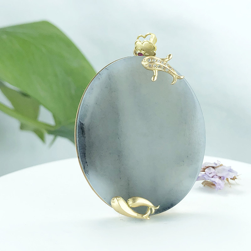 Bearded Brother Jewels & Fields Jade Pendant Seed Stock Green Flowers Landscape Safety No Cards 18k Inlaid Gold Edging Process 