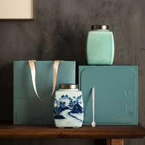High-grade blue and white landscape cans Universal half-Jin ceramic tea cans Longjing Biluochun white tea Maojian tea packaging box