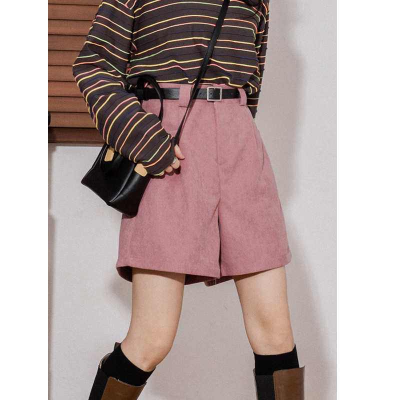 High-waisted corduroy A-line five-point trousers women's wide-legged thin all-match semi-elastic waist mid-pants corduroy casual shorts trendy