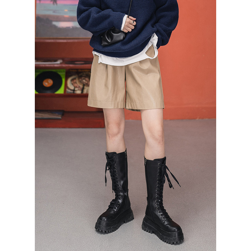 High waist pu leather 50% pants woman fall outside wearing casual wide-leg shorts Jane approachless 100 hitch slim straight cylinder 50% pants