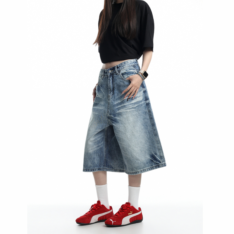 Abcbufut American Retro Washed Cropped Jeans for Men and Women, Summer Loose Wide-Leg Versatile Street Casual Pants