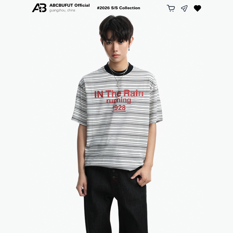 Abcbufut American Retro Striped Short-Sleeve T-Shirt for Men and Women, Loose and Versatile, Letter Print Couple's Top, Round Neck