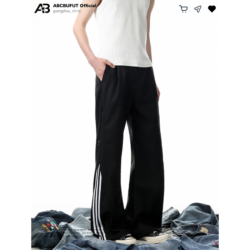 Abcbufut American-Style Side Stripe Deconstructed Zipper Trousers for Men and Women, Loose Fit, Versatile, Drapey, Simple Casual Long Pants