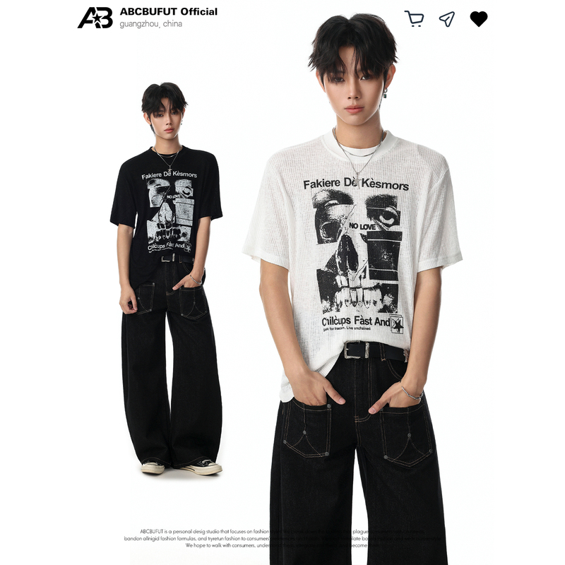 Abcbufut American Retro Dark Style Fun Print Short-Sleeve T-Shirt for Men and Women, Loose High Street Vintage Top Trendy