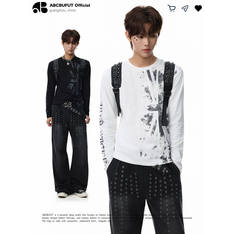 Abcbufut Street Retro Style Loose Trendy Brand Punk Dark Print Long-Sleeve T-Shirt for Men White Studded Top Abcbufut Street Retro Style Loose Trendy Brand Punk Dark Print Long-Sleeve T-Shirt for Men White Studded Top