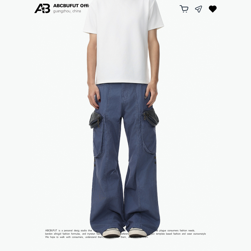 Abcbufut "Double-Capured Pig Cage Plant (Monstera) Pattern Multi-Pocket Pleated 3D Casual Cargo Pants Heavyweight Long Pants