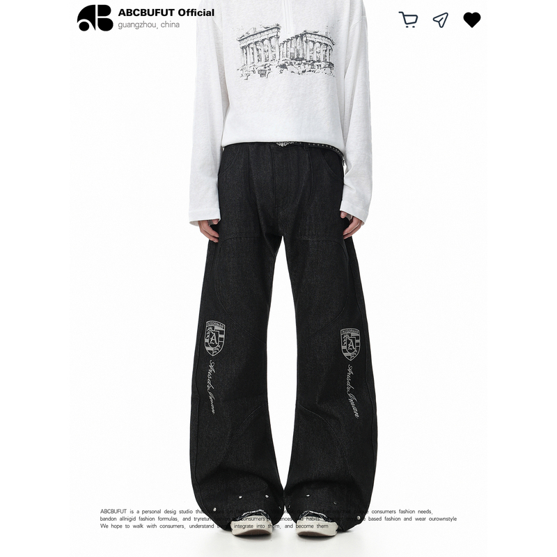 Abcbufut Racing Badge Embroidered Rivet Deconstructed Wide-Leg Jeans Heavy-Duty Loose Stacked Stiff Floor-Length Pants
