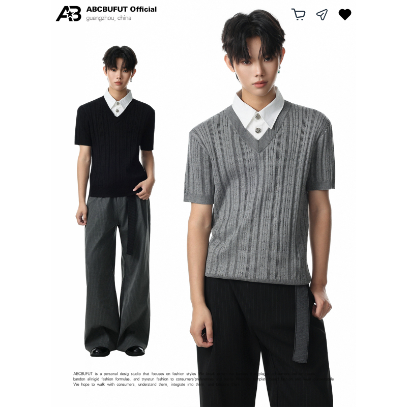 Abcbufut High-End Twist Striped Faux Two-Piece Knitted Polo Shirt for Men and Women, V-Neck Short-Sleeve Couple's Top, Trendy