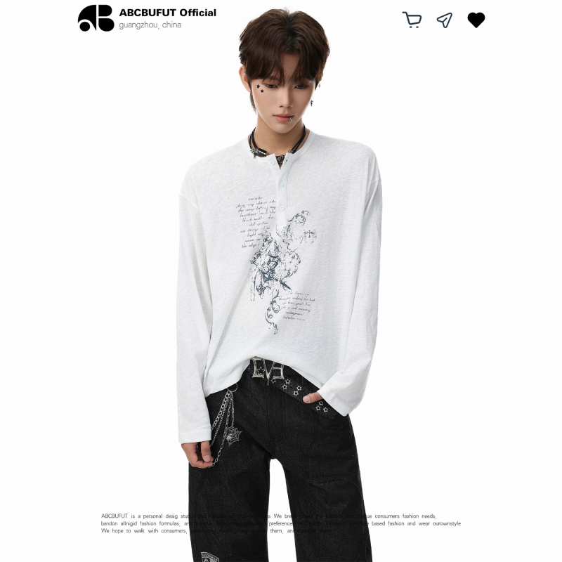 Abcbufut'Armor Knight' Retro Distressed Print Henry Collar Cursive Long-Sleeve Design Blouse Trendy