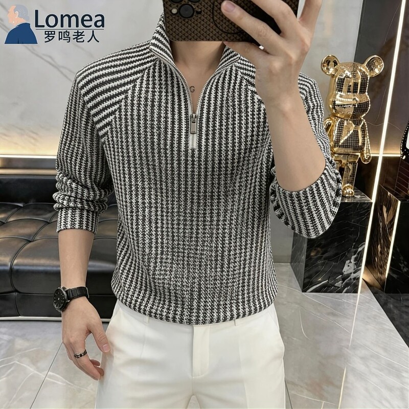 Lomea Brand Men's Half-Zip Striped Knit Sweater with Texture, Long-Sleeve Top, Same Style