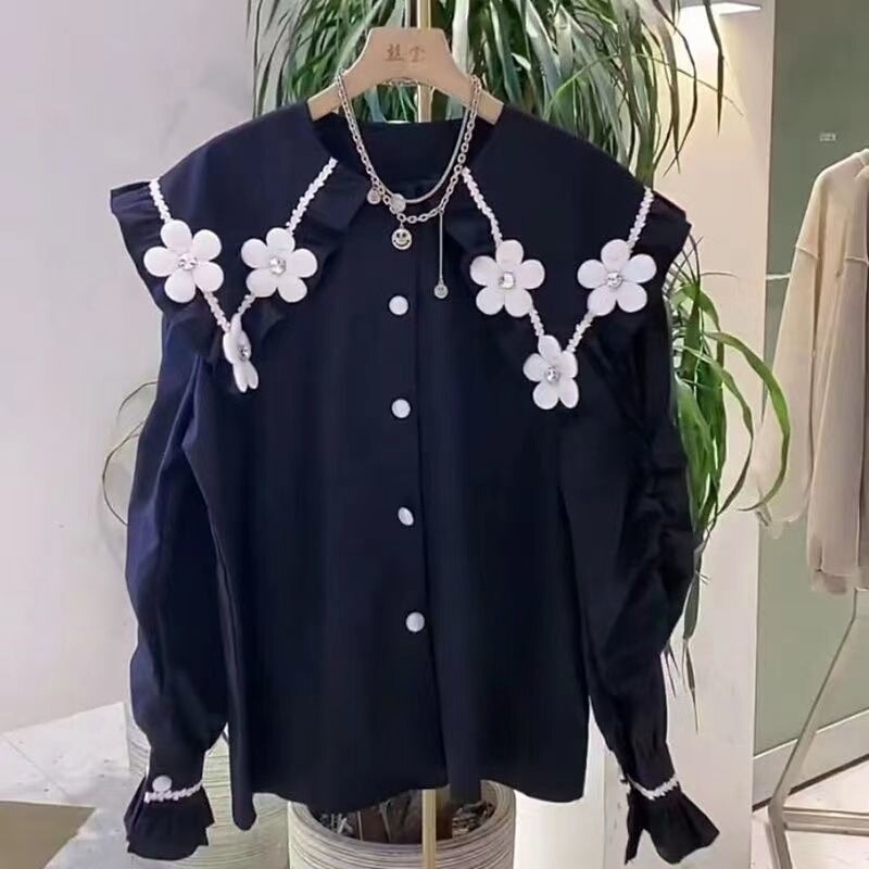 Extra Large Size 150kg High-End Three-Dimensional Floral Design Niche Spring and Summer New Palace-Style Long-Sleeved Black Shirt Extra Large Size 150kg High-End Three-Dimensional Floral Design Niche Spring and Summer New Palace-Style Long-Sleeved Black Shirt