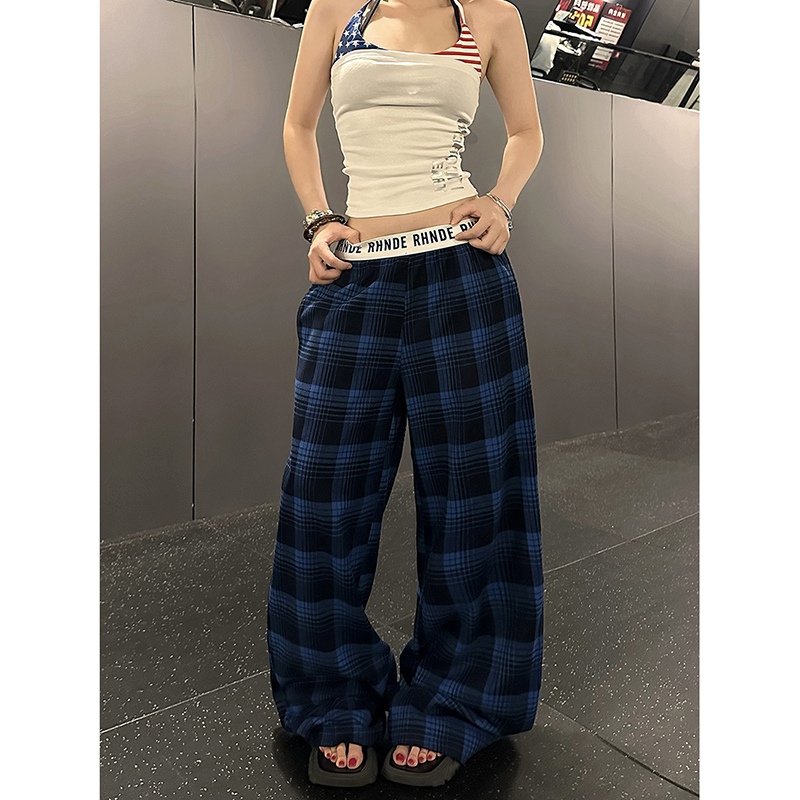 Explosive Candy American Retro Waistband Patchwork Blue Plaid Pants Unisex New Style Plaid Loose Slimming Straight-Leg Trousers