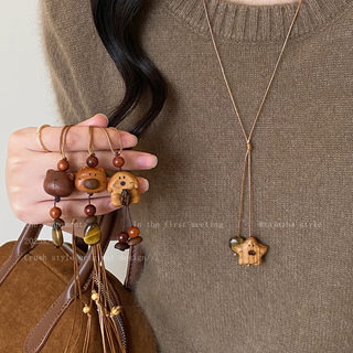 Tiger eye stone wooden bear dog necklace for women in autumn and winter