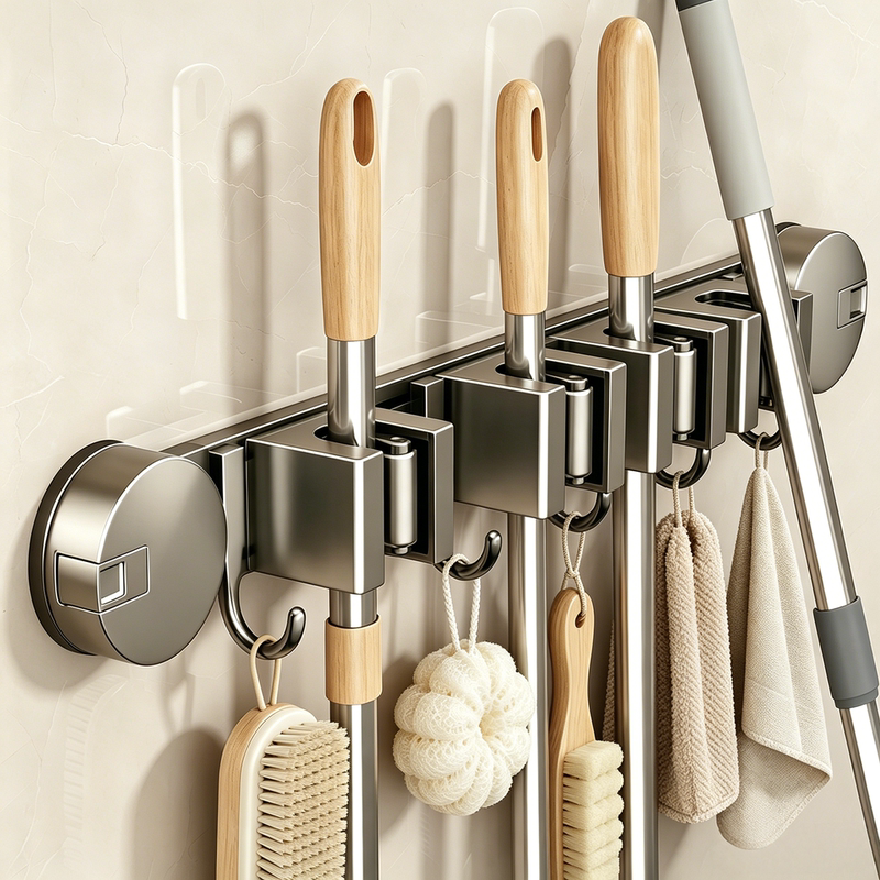 Mop Wall-Mounted Clip, Bathroom Broom Holder, No-Drill Mop Hook, Strong Wall-Mounted Storage Solution