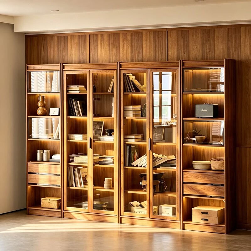 Burmese Teak Full-Wall Floor-To-Ceiling Bookcase Solid Wood North American Black Walnut Integrated Whole-Wall Display Natural Wood Bookshelf Combination Cabinet