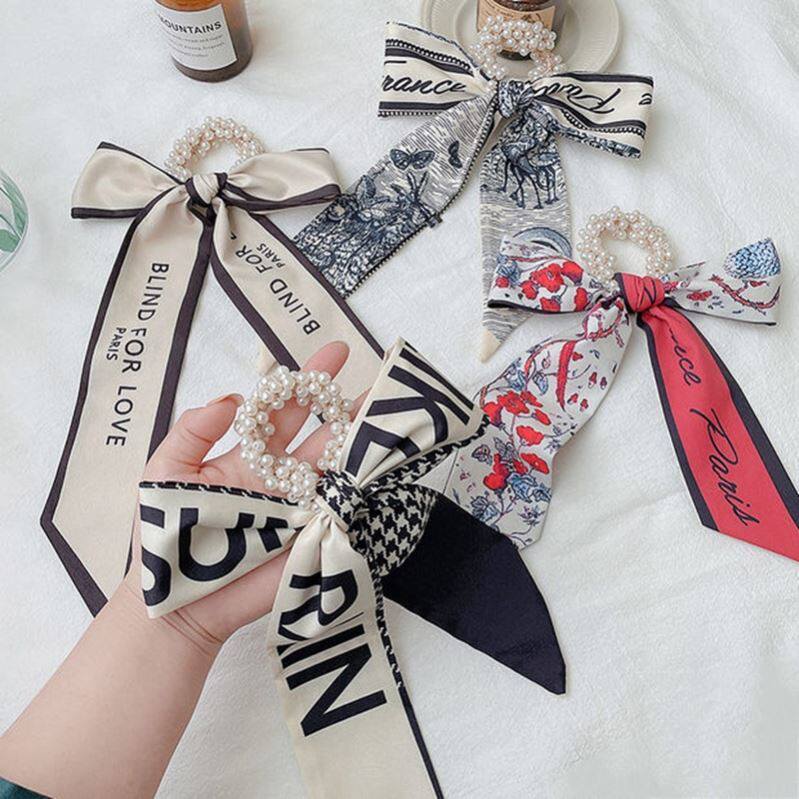 Zlow Horsetail Hair Accessories Pearl Silk Scarves with women tied hair nets Red 2021 New Pharma Hair Ribbon
