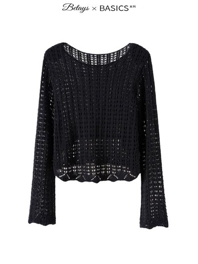 Counter echte gestrickte Hohlbluse für Damen 2025 Frühling und Sommer langärmeliges schwarzes Mesh-Sonnenschutz-High-End-Kurzoberteil