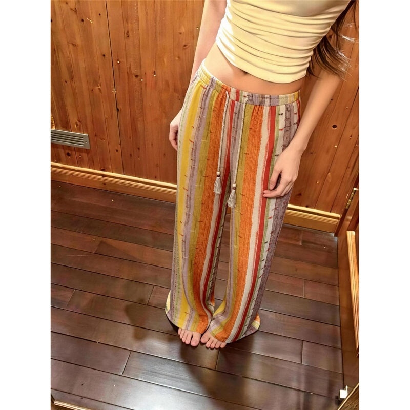 Bohemian Ice Silk Rainbow Striped Wide-Leg Pants for Women, Summer Lazy Sleep Pants, Casual Beach Vacation Pants