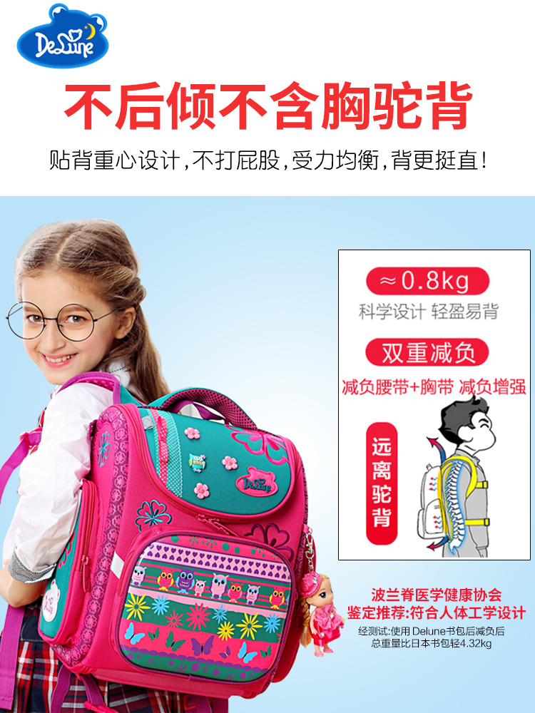 Delune girl's school bag 2019 new Korean version of primary school children 1-3-4 years Princess children's rear shoulder bag protective