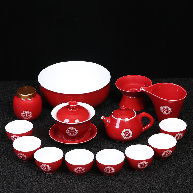 Chinese wedding wedding big red double happiness color glaze living room household justice cup cover bowl teapot kung fu tea set