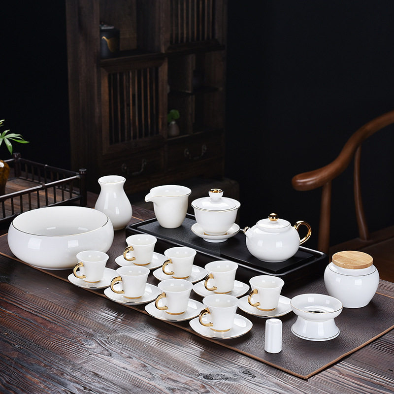 Chinese kung fu tea set suet jade white porcelain household simple high-grade tea pot tea cup cover bowl gift box set