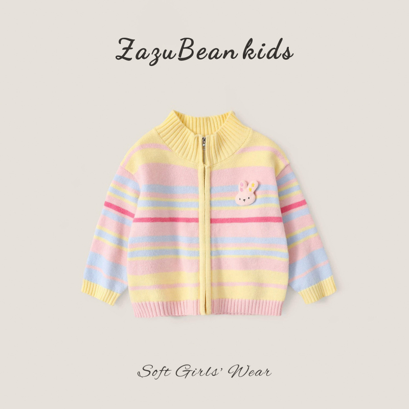 Girls' 2026 Striped Knit Sweater Cardigan in Rainbow Macaron Color with Contrasting Zipper, Everyday Top for Girls Girls' 2026 Striped Knit Sweater Cardigan in Rainbow Macaron Color with Contrasting Zipper, Everyday Top for Girls