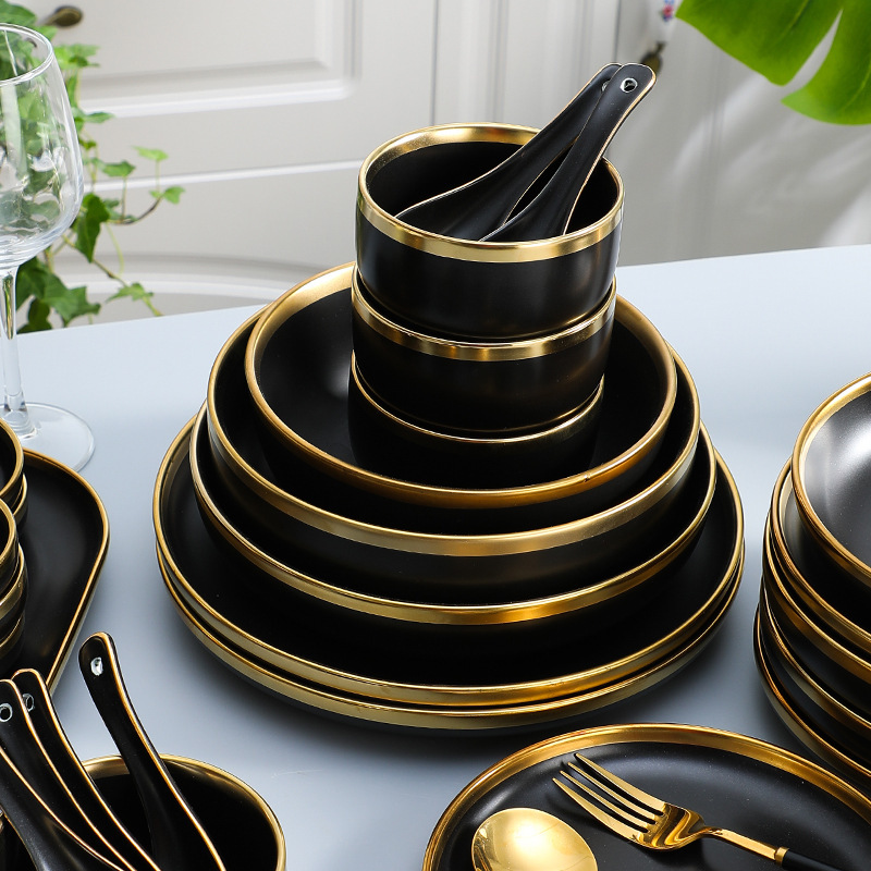Nordic Gold-Rimmed Light Luxury Tableware Set, Trendy Ceramic Bowls and Plates, Simple Matte European-Style Bowl and Plate Set for Home Use and Gift Giving